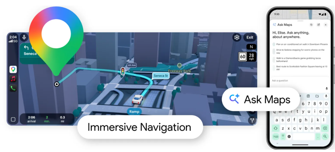 Interface smartphone affichant des recommandations intelligentes sur Google Maps.