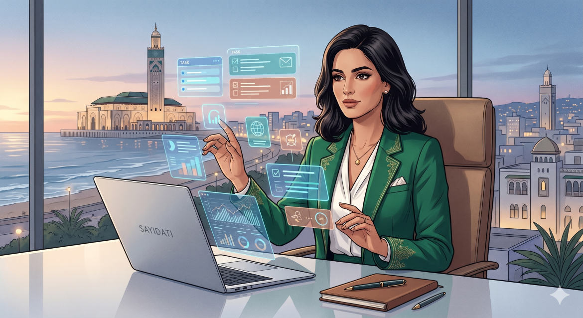 Illustration d'une femme d'affaires marocaine utilisant une interface IA pour gérer son emploi du temps.