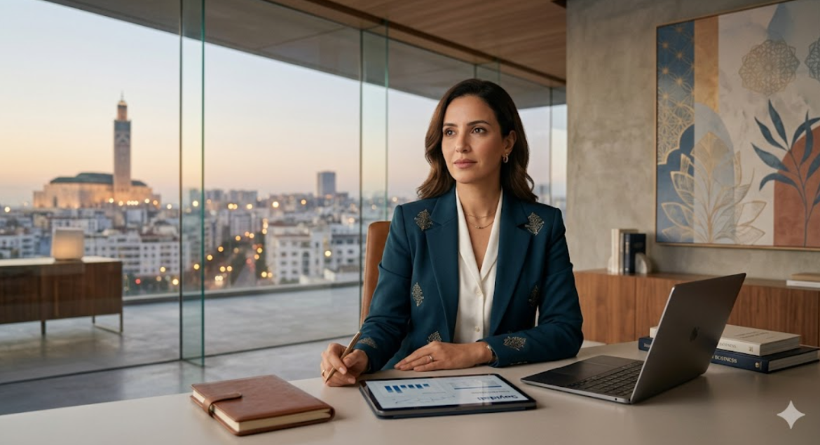 Femme dirigeante marocaine en réunion stratégique utilisant l'IA pour sa vision.