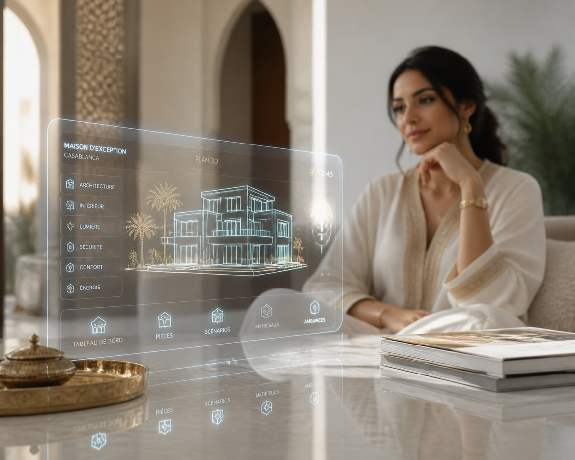 Femme cadre marocaine utilisant une interface holographique d'IA pour la gestion domestique