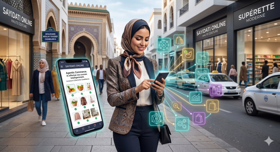 Femme active marocaine utilisant un assistant IA sur son téléphone pour faire ses achats en ligne intelligemment à Casablanca