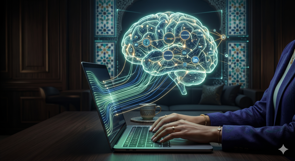 Illustration conceptuelle tech d'une femme cadre marocaine se formant à l'IA avec un réseau neuronal digital et des motifs zellige.