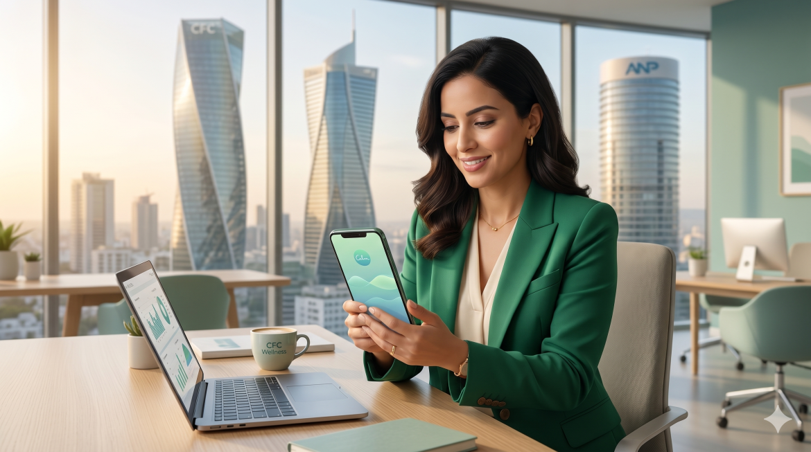 Femme cadre marocaine sereine au bureau à Casablanca Finance City (CFC), utilisant une application IA de bien-être sur son téléphone pour gérer son stress.