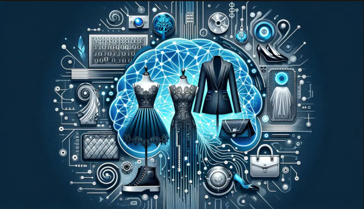 Illustration d'un cerveau digital gérant une garde-robe de luxe, symbolisant l'IA au service du shopping intelligent.