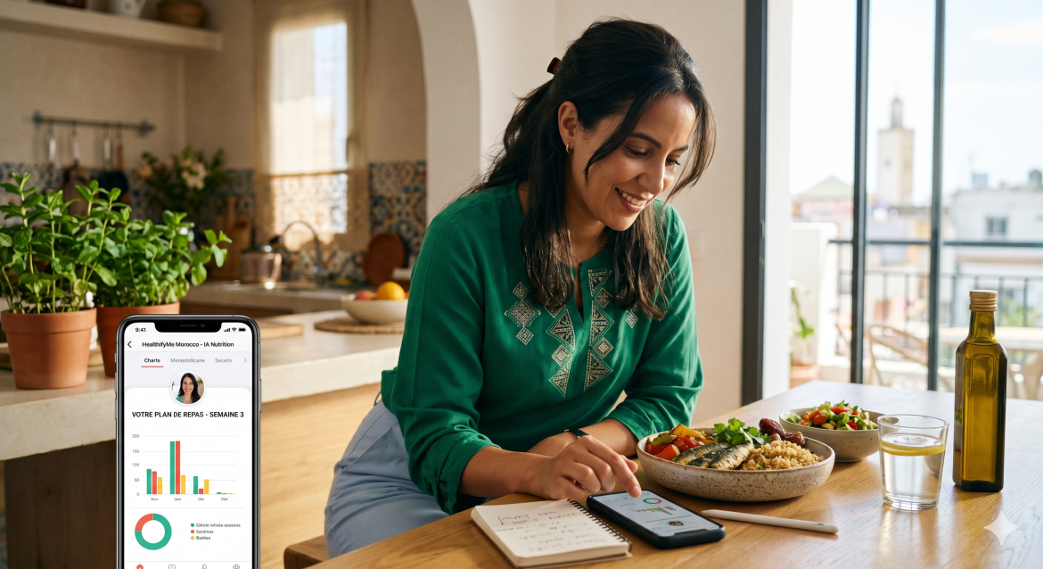 Femme active marocaine utilisant une application IA de nutrition sur son téléphone à côté d'un repas équilibré avec des ingrédients du terroir marocain